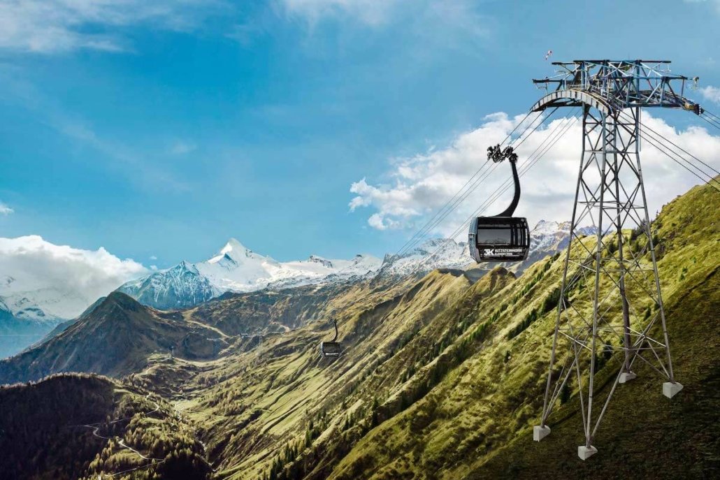 Mountain-Hotel-Luis-Gletscher-Kitzsteinhorn-3k-k-onnection Seilbahn schwebt über beeindruckende Berglandschaft im Sommer