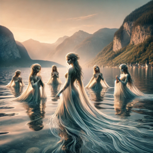 Mehrere gruselige Geister-Frauen stehen in einem See.