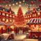 Ein KI-generiertes Bild von einem geschmückten Weihnachtsmarkt mit festlich beleuchtetem Tannenbaum, roten Holzhütten, Lichterketten und zahlreichen Besuchern.