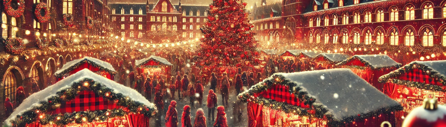 Ein KI-generiertes Bild von einem geschmückten Weihnachtsmarkt mit festlich beleuchtetem Tannenbaum, Schneeflocken, Lichterketten und zahlreichen Besuchern.